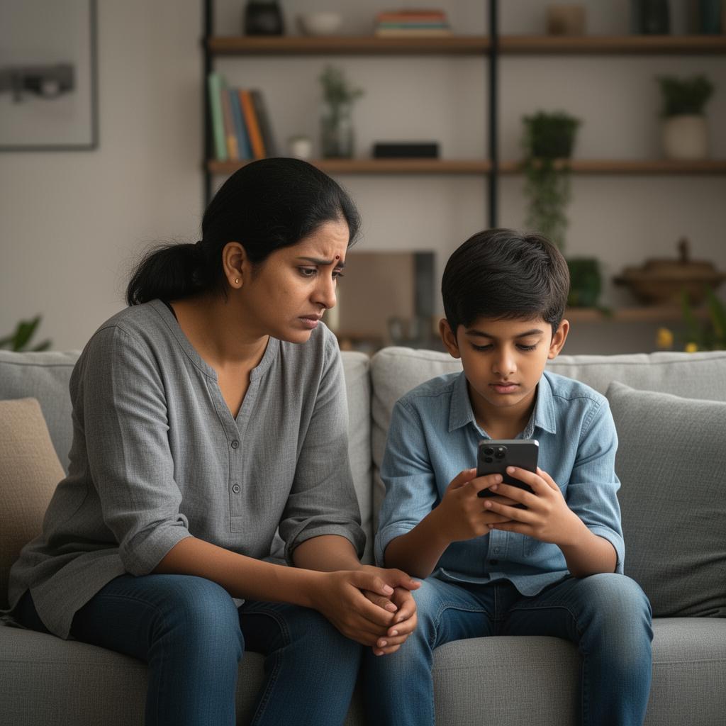 Indian child using smartphone with worried parent in background
