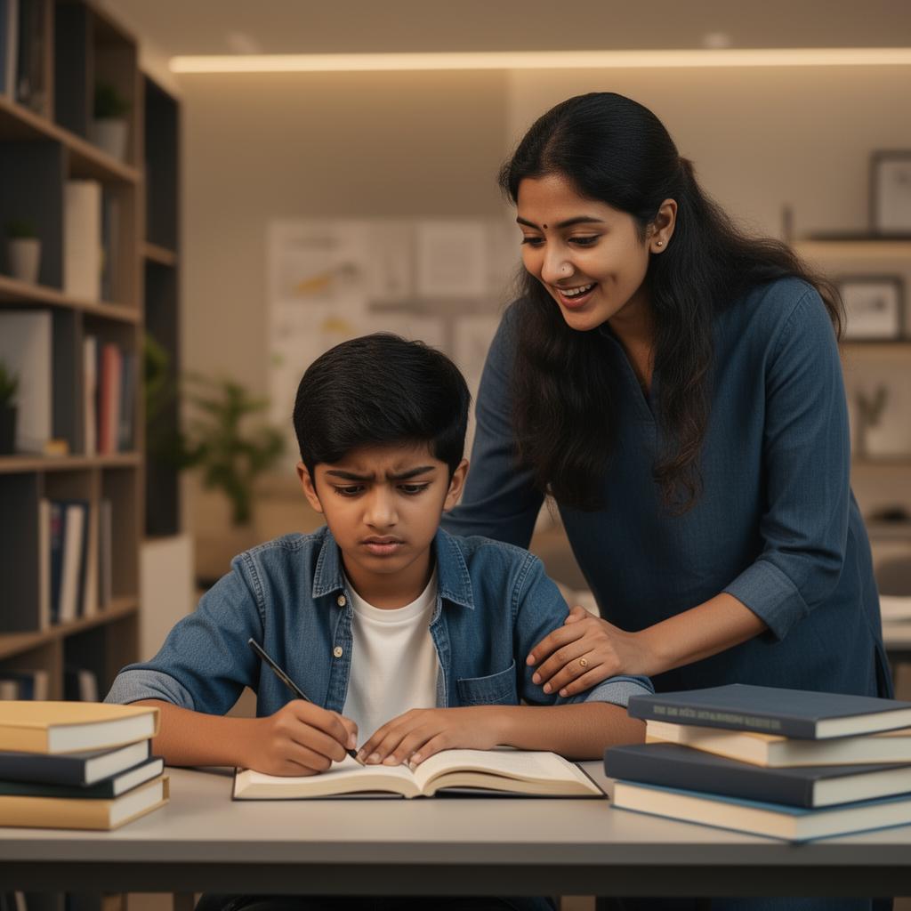 Indian student studying with supportive parent nearby