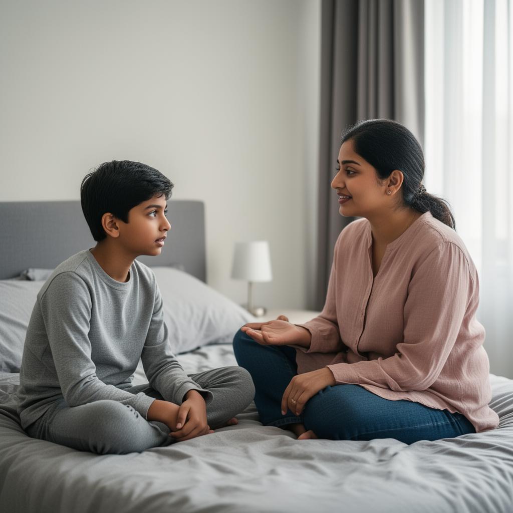 Indian parent sitting with child having a supportive conversation