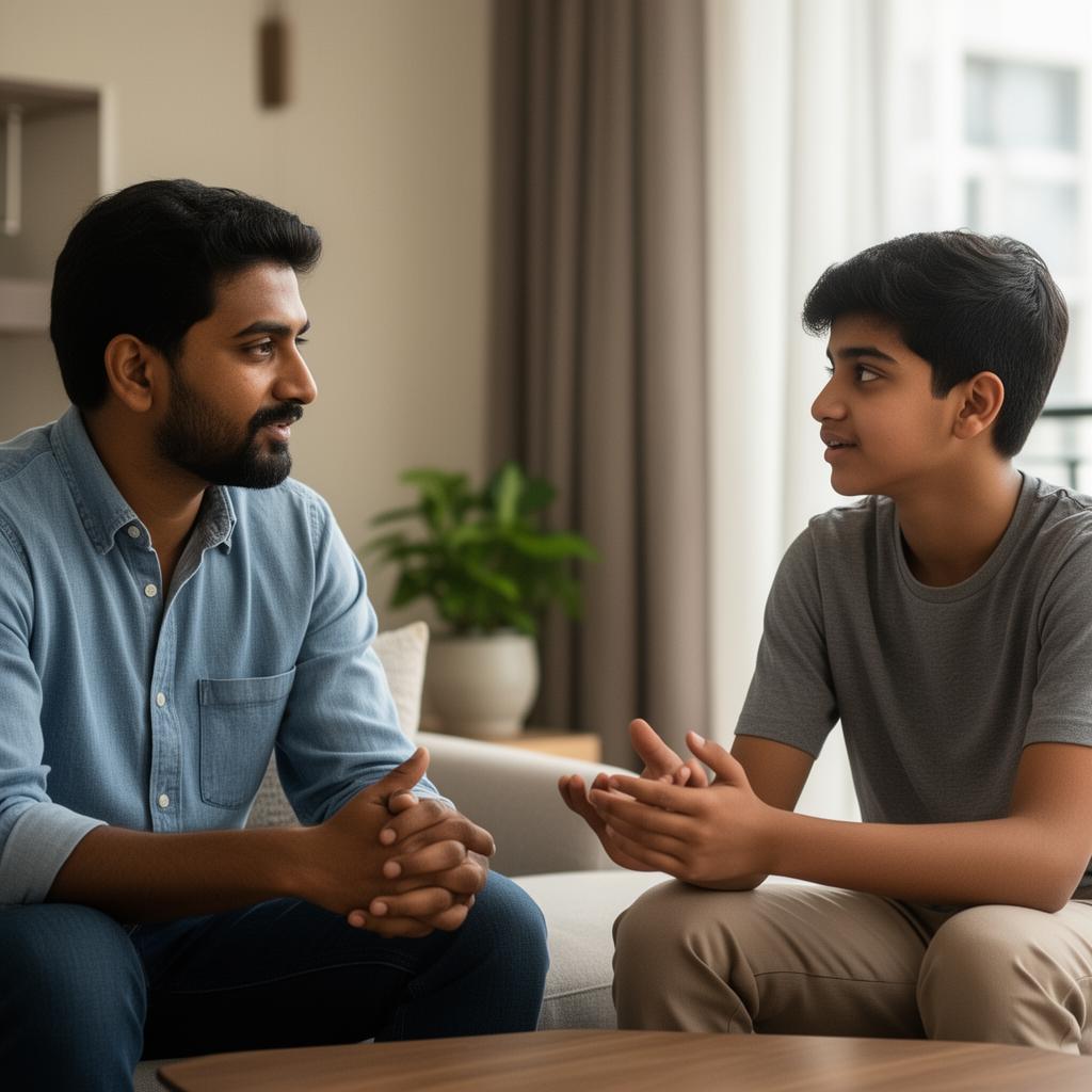 Indian parent having a calm conversation with teenager
