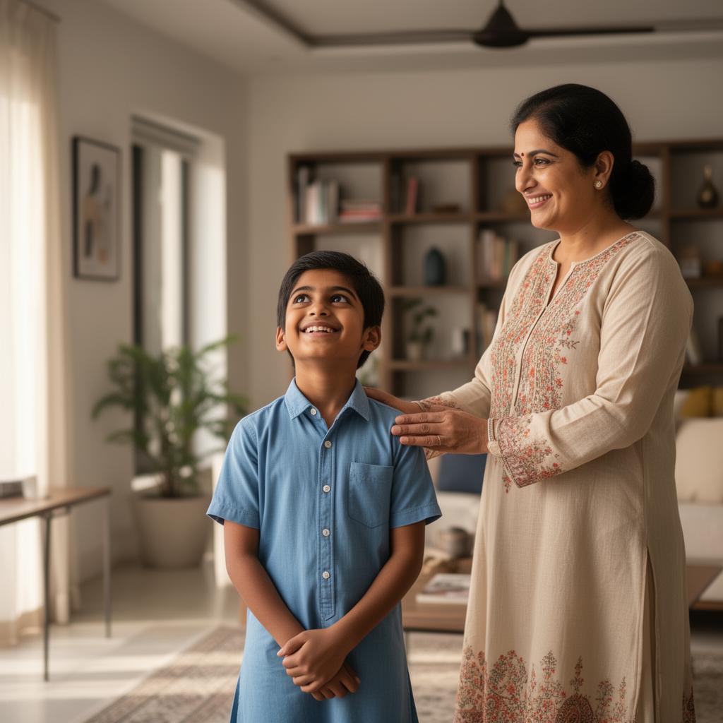 Indian child standing confidently with encouraging parent nearby