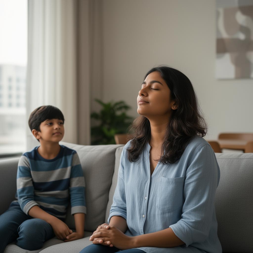 Calm Indian parent taking a mindful pause with child present