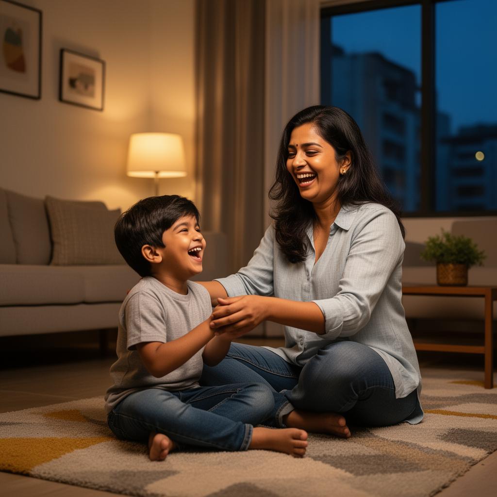 Indian working mother playing with child in the evening