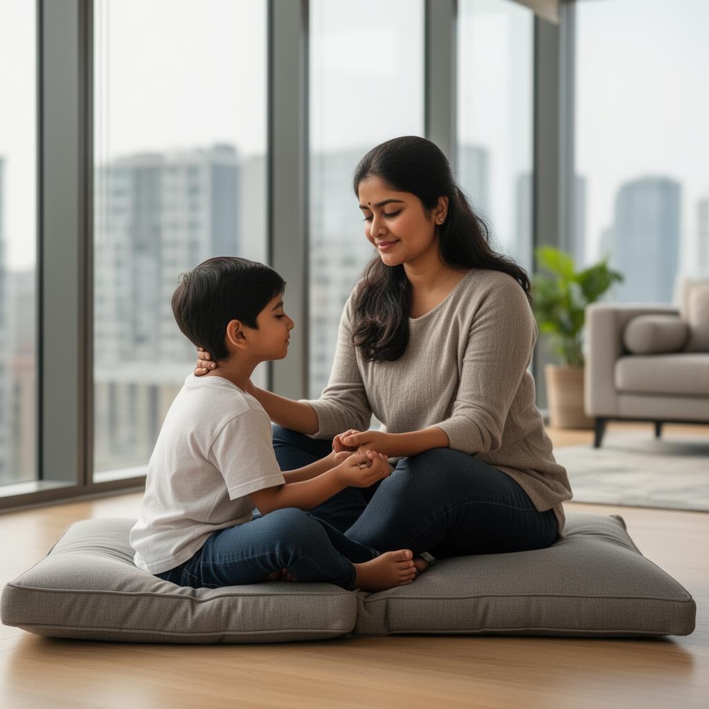 Peaceful Indian family moment with parent and child connecting