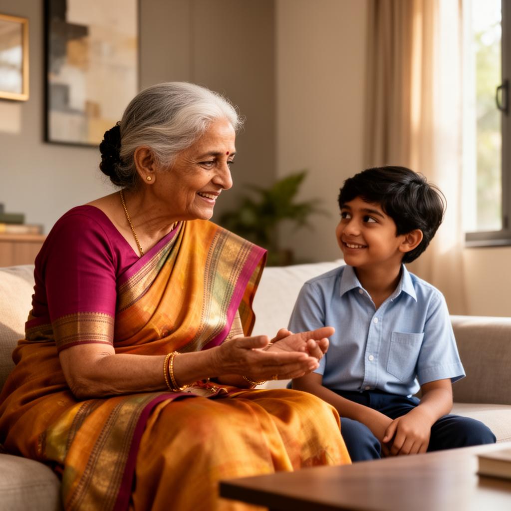 Indian grandmother sharing traditional wisdom with grandchild