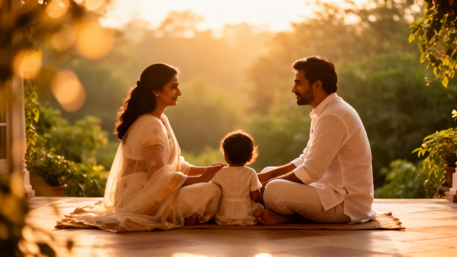 Indian family sitting together at golden hour — symbol of conscious, happy parenting