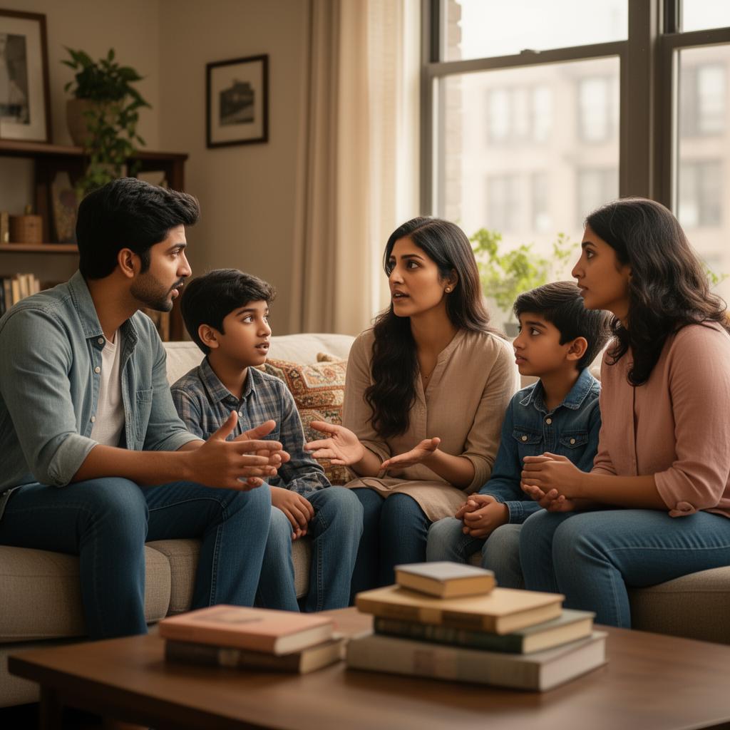 Indian family having a serious conversation at home