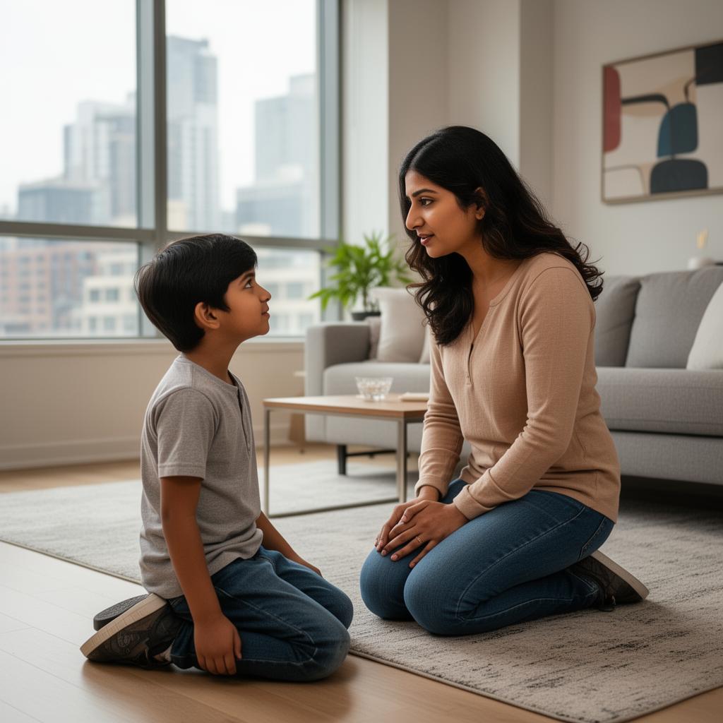 Indian mother kneeling to listen to her child at eye level